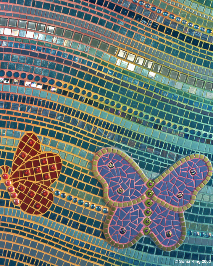 Nature wall mosaic detail by Sonia King Mosaic Artist
