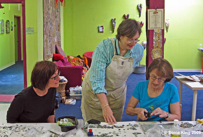 Sonia King teaching mosaic cutting techniques